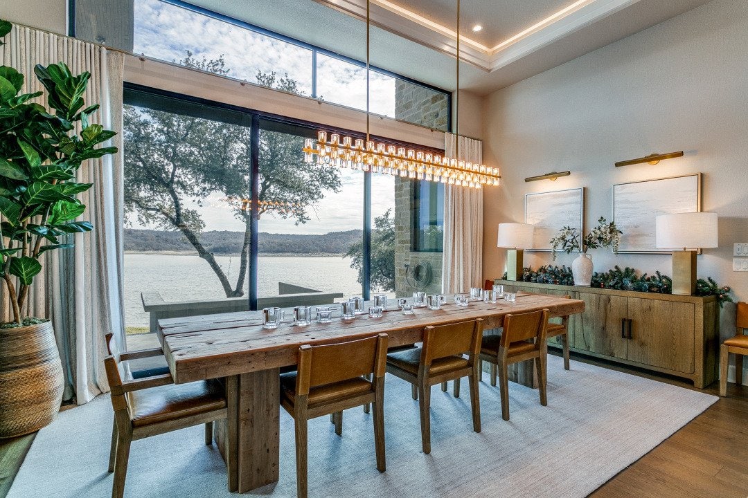 Dining room at El Regalo custom lake home in Chico, Texas