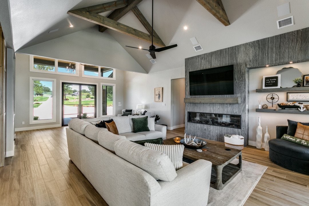 Great room at The Gathering House custom lake home in Bridgeport, Texas