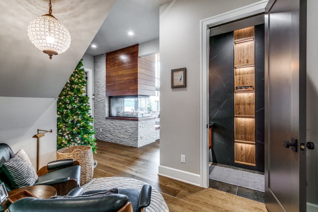 Interior stair hall and wood detailing at El Regalo