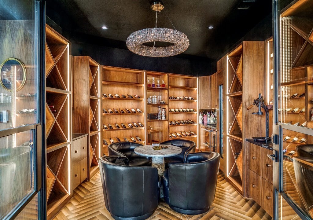 Wine and cigar room at El Regalo custom lake home in Chico, Texas